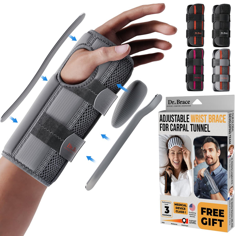 [Australia] - DR. BRACE Adjustable Wrist Brace Night Support for Carpal Tunnel, FSA & HSA Eligible, Doctor Developed, Upgraded with Double Splint & Therapeutic Cushion, Hand Brace For Pain Relief, Injuries, Sprains Small/Medium (Right Hand) Grey 