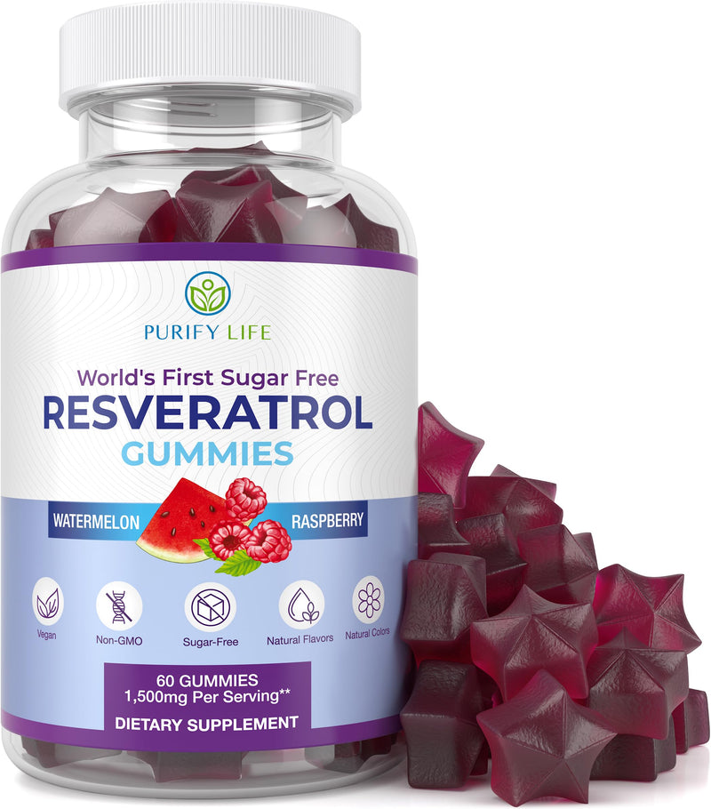 [Australia] - Purify Life Sugar-Free Resveratrol Gummies - Potent 1500mg Resveratrol Supplement to Support Digestive & Immune Health - Resveratrol Supplement for Antioxidant Support, Cell Regenerator & Repair Resveratrol Cell Repair 