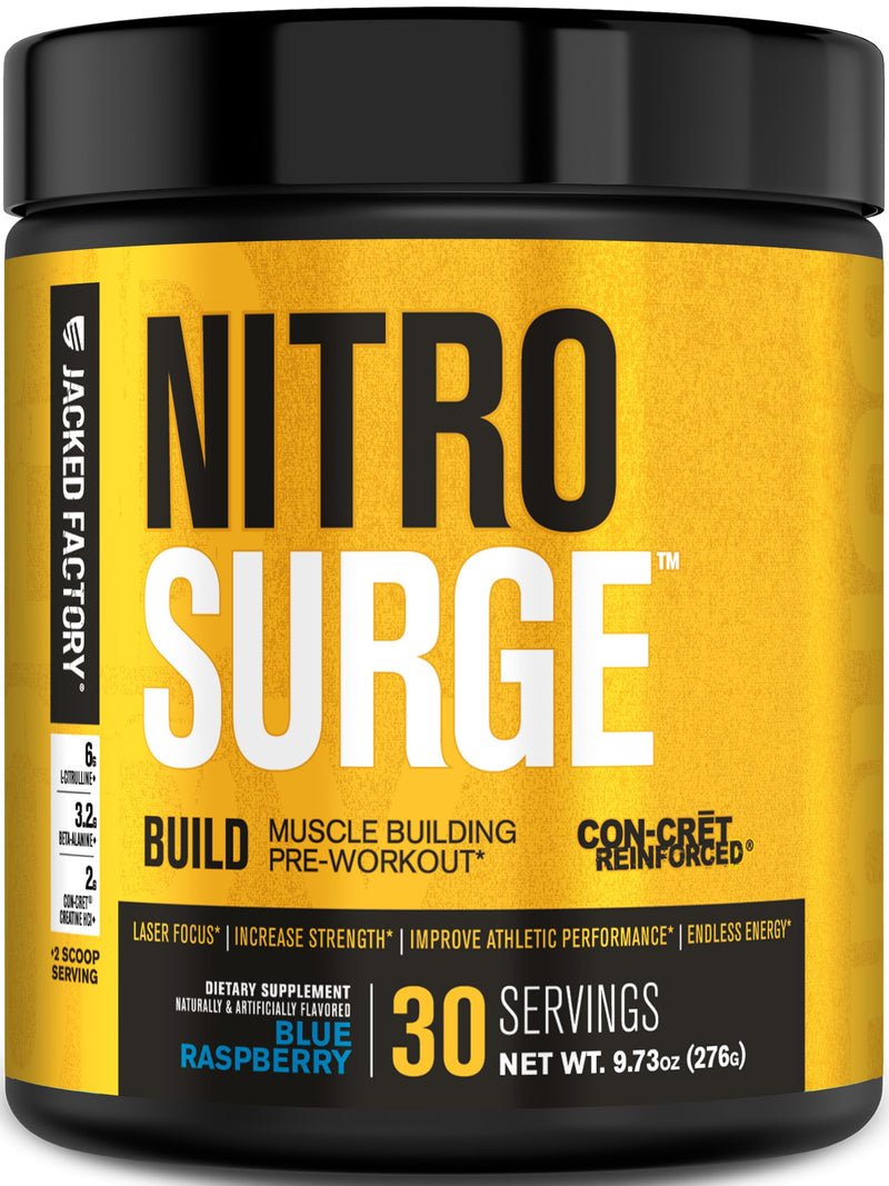 [Australia] - Jacked Factory Nitrosurge Build Pre Workout with Creatine for Muscle Building - Con Cret Creatine Powder & elevATP for Intense Energy, Powerful Pump, & Endless Endurance - 30 Servings, Blue Raspberry 30 Servings (Pack of 1) 