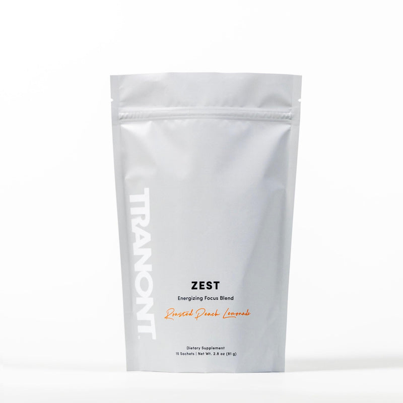 Tranont Zest Energizing Focus Blend | Roasted Peach Lemonade Energy Powder | Gluten-Free, Sugar-Free with Green Tea L-Theanine, Vitamins & Antioxidants for Energy, Focus, and Health | 15 Sticks