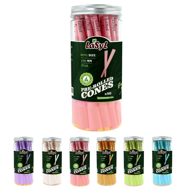 [Australia] - 𝗟𝗮𝗦𝘆𝗟 Pre Rolled Cones (Pink) | 50 Pack King Size | Rolling Paper with Tips and Packing Tubes (4.3inch/109mm) | Burn Slow and Even PINK 