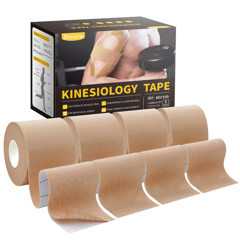 Dimora Uncut Kinesiology Tape, Original Cotton, 16' Elastic Athletic Tape for Muscle Pain Relief and Joint Support, 4 Rolls, Beige Uncut 4 Rolls