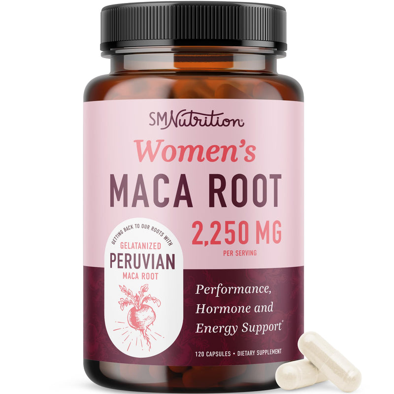 [Australia] - Organic Maca Root Capsules for Women | Peruvian Maca 2250MG Extra Strength | Red, Black & Yellow Root Powder with Black Pepper | Herbal Supplement to Support Energy & Hormone Balance | 120 Ct Maca Capsules 