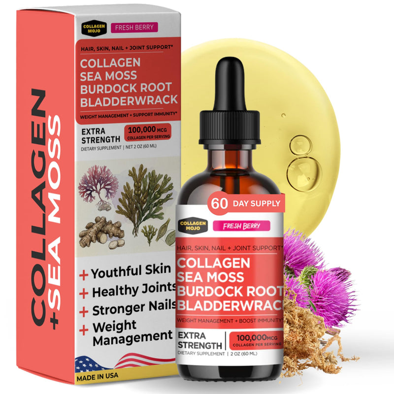 Liquid Collagen Peptides for Women with Sea Moss & Burdock Root | Hair, Skin, Nails & Joints. Gut Health, Less Bloating & Weight Support. Berry Flavor, 2 Oz. Third-Party Tested. Made in USA. Collagen Peptides with Sea Moss