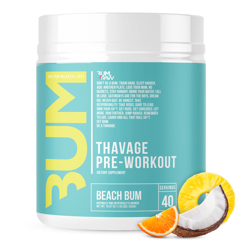 [Australia] - RAW Pre Workout Powder, Thavage (Beach Bum) - Chris Bumstead Sports Nutrition Supplement for Men & Women - Cbum Pre Workout for Working Out, Hydration, Mental Focus & Energy - 40 Servings Beach Bum 