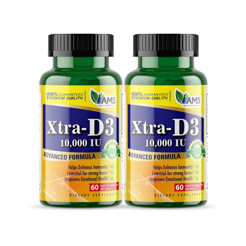 America Medic & Science Xtra D3 Vitamin D 10,000 IU (250 mcg) Cholecalciferol Supplement for Men & Women (120 Easy to Swallow Softgels)Best for Bone, Heart Health, Immune System Support, Lung Function 60 Count (Pack of 2)