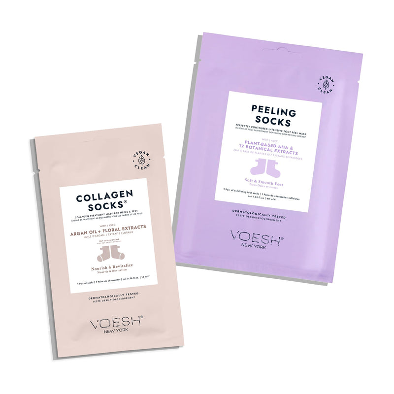 [Australia] - VOESH- Exfoliating Peeling Socks, Foot Peel For Dry Feet, Vegan Beauty, Callus Remover, Intensive Foot Treatment, At Home Spa, Treatment Socks 2 Pack- Peeling and Collagen Socks 