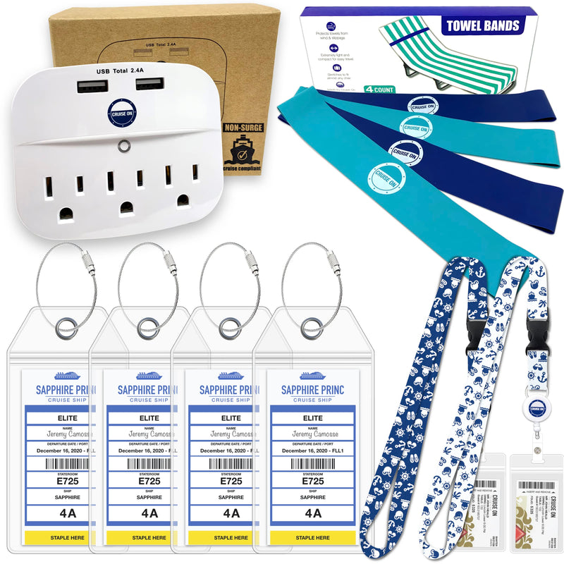 Princess Cruise Essentials (4 Items) Luggage Tag Holders, Power Strip, Towel Bands & Cruise Lanyards with Retractable Reel