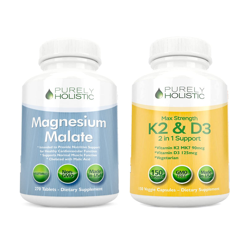 Purely Holistic Magnesium Malate 400mg + Vitamin D3 125mcg K2 MK7 90mcg - 270 Tablets & 150 Capsules - Vegetarian Bundle - Made in USA