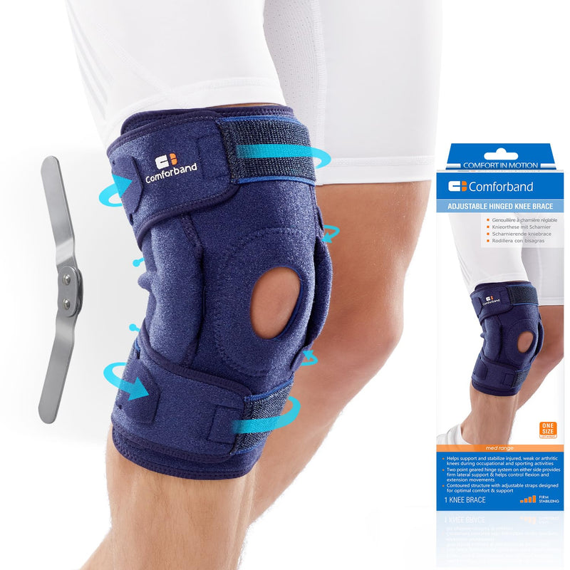 [Australia] - Adjustable Hinged Knee Brace, with Dual Side Hinges – Stabilizing Knee Brace for ACL PCL MCL Ligament Injuries, Meniscus Tear, Arthritis, Surgery Recovery - One Size fits Most. Navy 