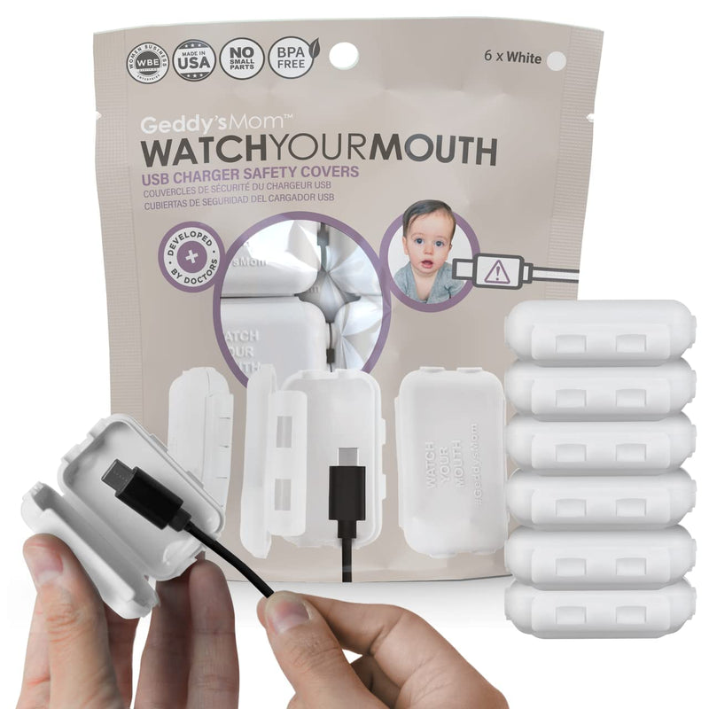 [Australia] - Watch Your Mouth Baby Proof Cord Cover | Award-Winning USB Charger Cover for Baby Proofing Cords | BPA & Phthalate-Free Charger Cover Protector | Electrical Safety Baby Products, (6-Pack, White) 