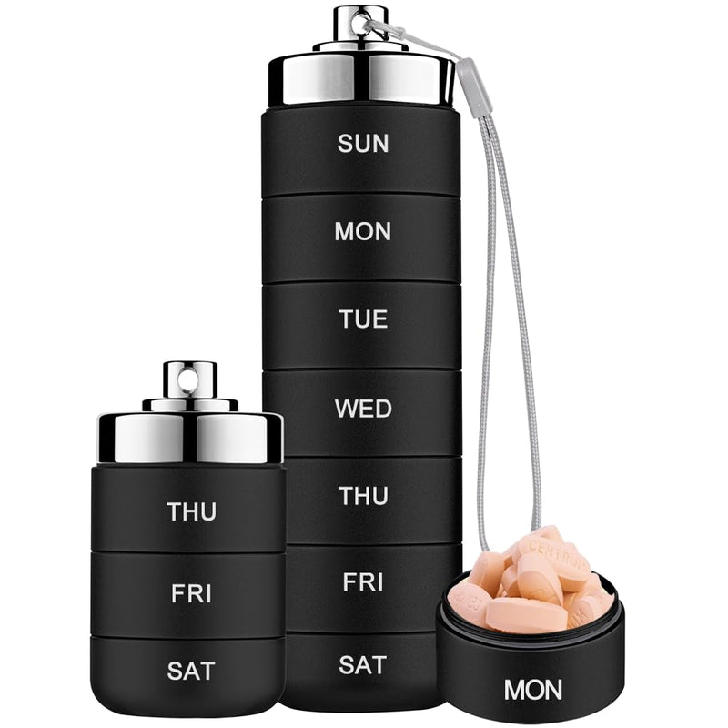 Mossime Metal Pill Organizer, Stackable Waterproof Weekly Travel Pill Box | Metal Pill Case, Large Aluminum Alloy Vitamin Organizer, BPA Free 7 Day Daily Medicine Organizer for Fish Oil, Supplement Black