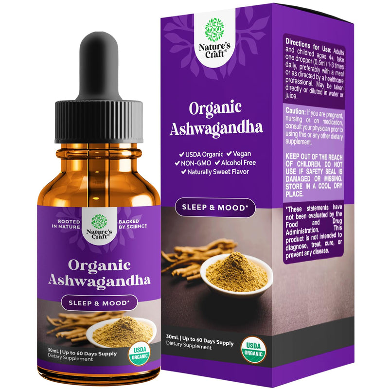 [Australia] - USDA Organic Ashwagandha Liquid Drops - Vegan Liquid Ashwagandha Root Extract for Energy Stress and Mood Support - Tasty Adaptogenic Pure Ashwagandha Tincture for Adults & Kids Non-GMO & Alcohol Free 60 Servings 