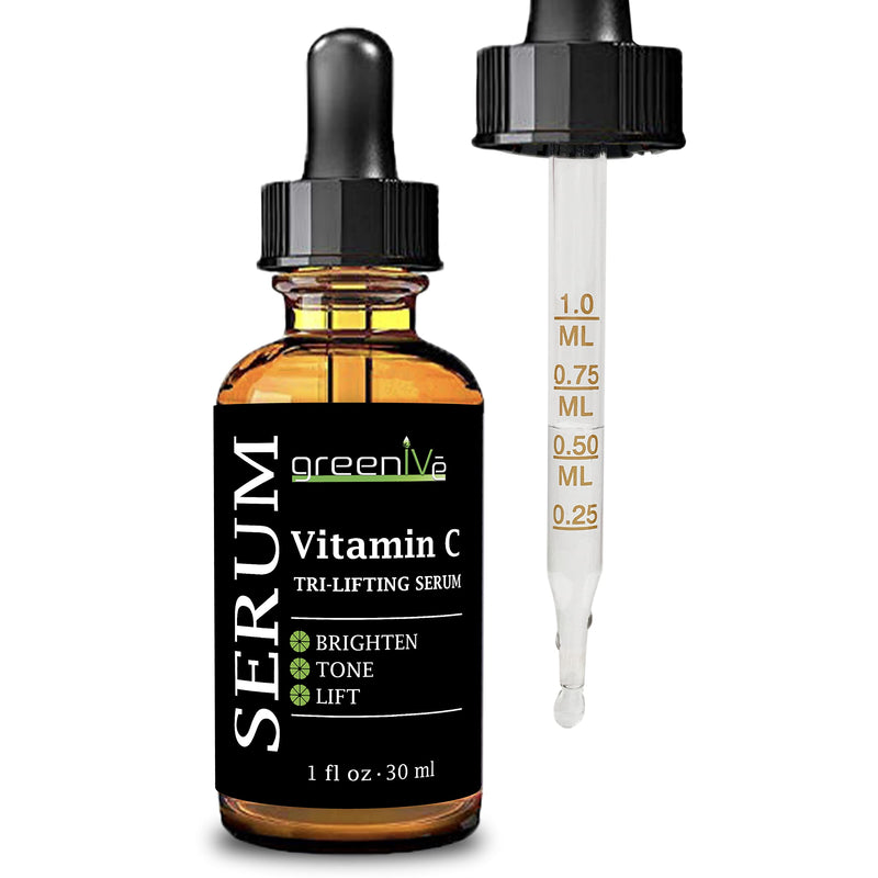 GreenIVe Vitamin C Serum for Face with Hyaluronic Acid & Vegetable Collagen - Tri-Lifting Hydrating Facial Serum - Brightening Skin Care for Glowing Complexion - Vegan & Cruelty Free - 1 fl oz 1 Fl Oz (Pack of 1)