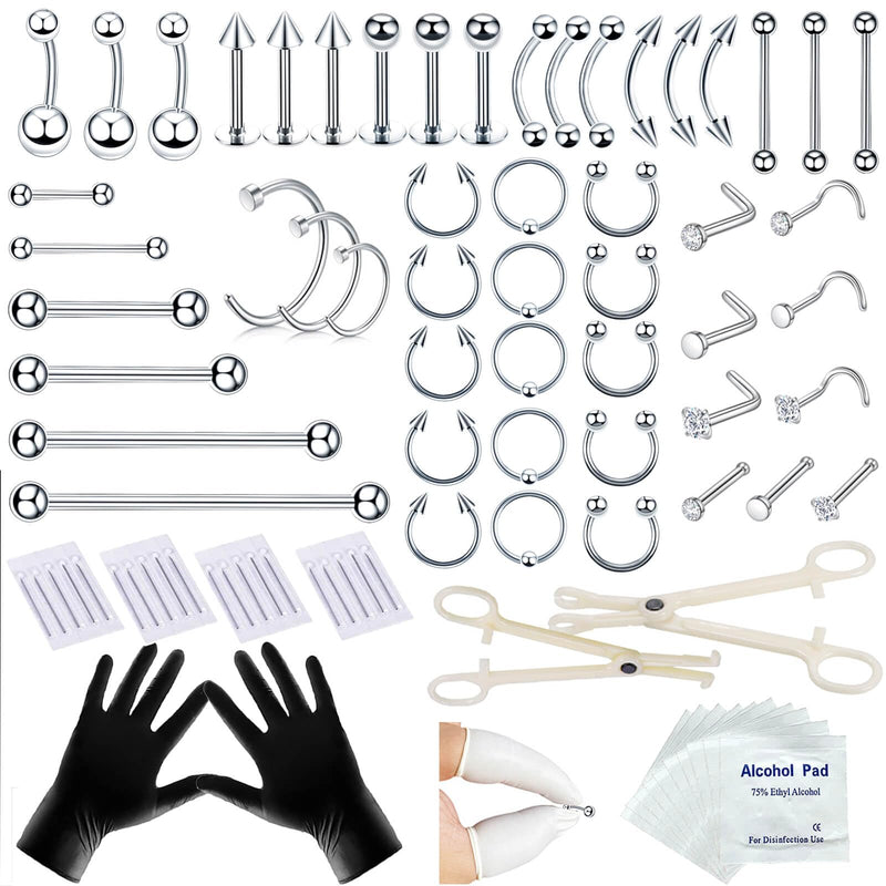 [Australia] - 80PCS Nose Piercing Kit for All Body Piercings Stainless Steel Piercing Jewelry with 12G 14G 16G 20G Piercing Needles for Ear Cartilage Tragus Nose Septum Lip Eyebrow Silver 