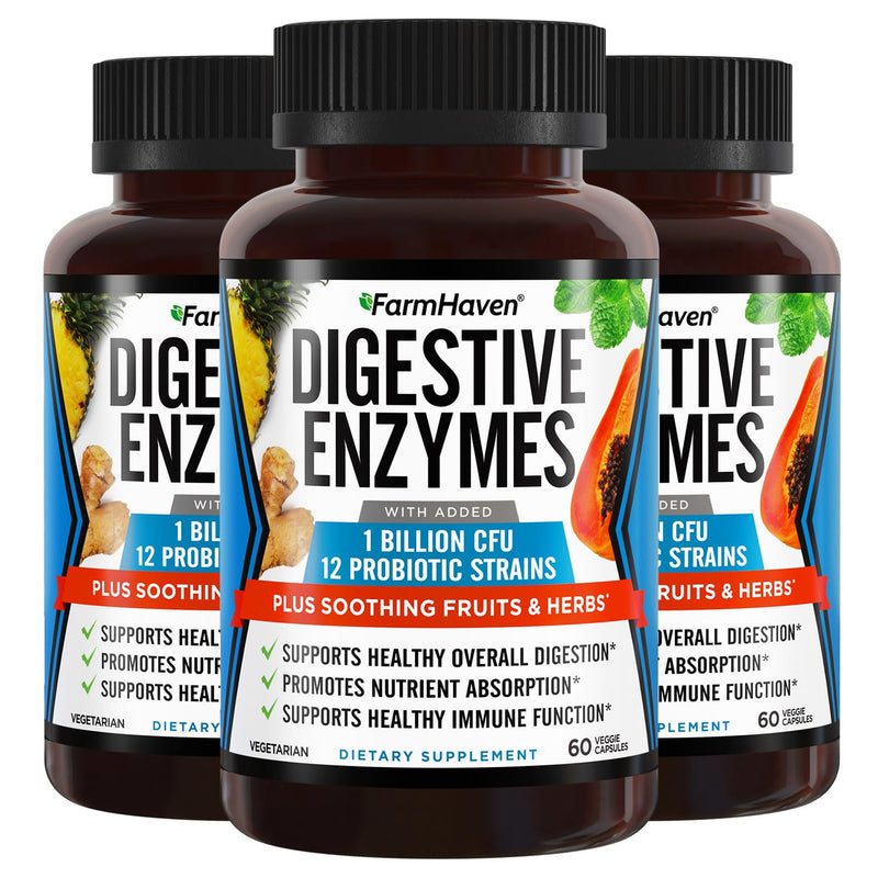 FarmHaven Digestive Enzymes with 18 Probiotics & Herbs, 180 Capsules | Papaya, Bromelain, Protease & More for Lactose Absorption and Better Digestion - Helps Relieve Bloating, Gas and Constipation