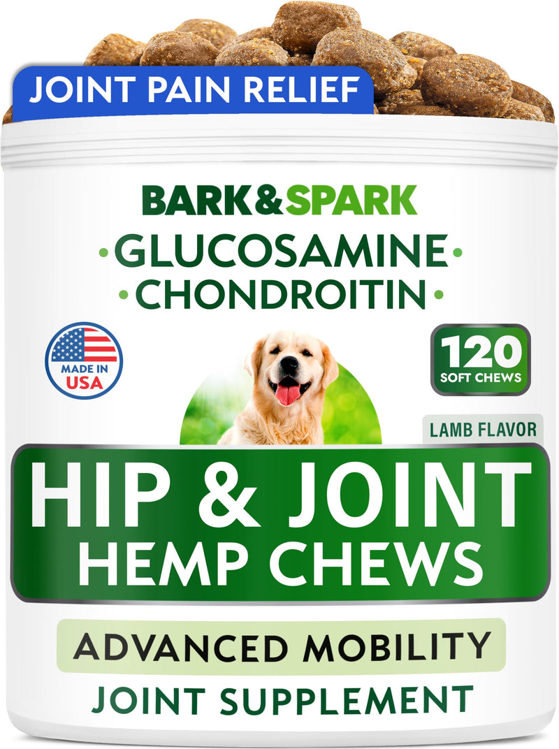 BARK&SPARK Advanced Hemp Chews for Dog Joint Pain Relief - Glucosamine Chondroitin Hemp Treats Hip Joint Health - Joint Supplement Large Breed & Small - Hemp Treats Joints Old Senior Dog (120Ct/Lamb) 120 Ct - PawsPlanet Australia