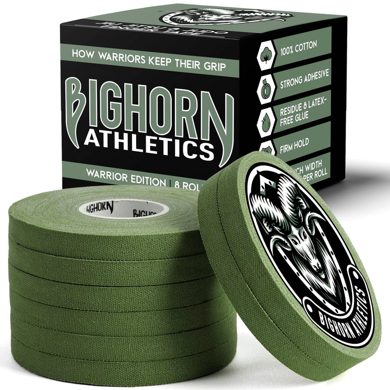 Bighorn Athletics Jiu Jitsu Finger Tape | Athletic Sports Tape for Injuries & Support: BJJ, Judo, MMA, Rock Climbing, Volleyball, Crossfit, Hands & Toes | 0.3-Inch x 45-feet, 8-Rolls, Military Green