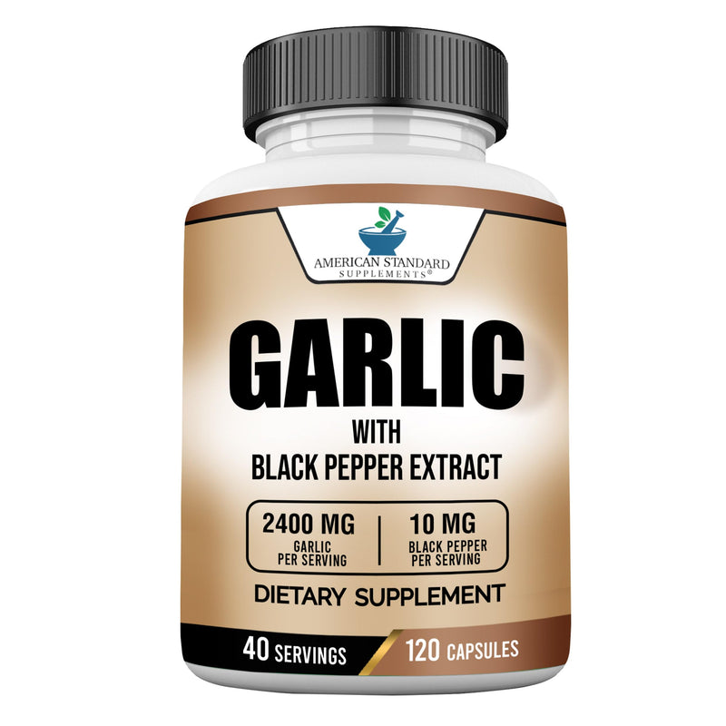 [Australia] - American Standard Supplements Garlic 2400mg Per Serving with Black Pepper Fruit Extract – Vegan, Gluten Free, Non-GMO, 120 Capsules, 40 Servings 