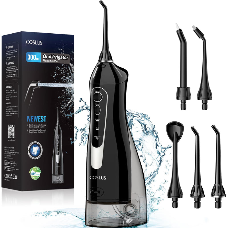 [Australia] - COSLUS Water Dental Flosser Teeth Pick: Portable Cordless Oral Irrigator 300ML Rechargeable Travel Irrigation Cleaner IPX7 Waterproof Electric Waterflosser Flossing Machine for Teeth Cleaning F5020E Dark Black 