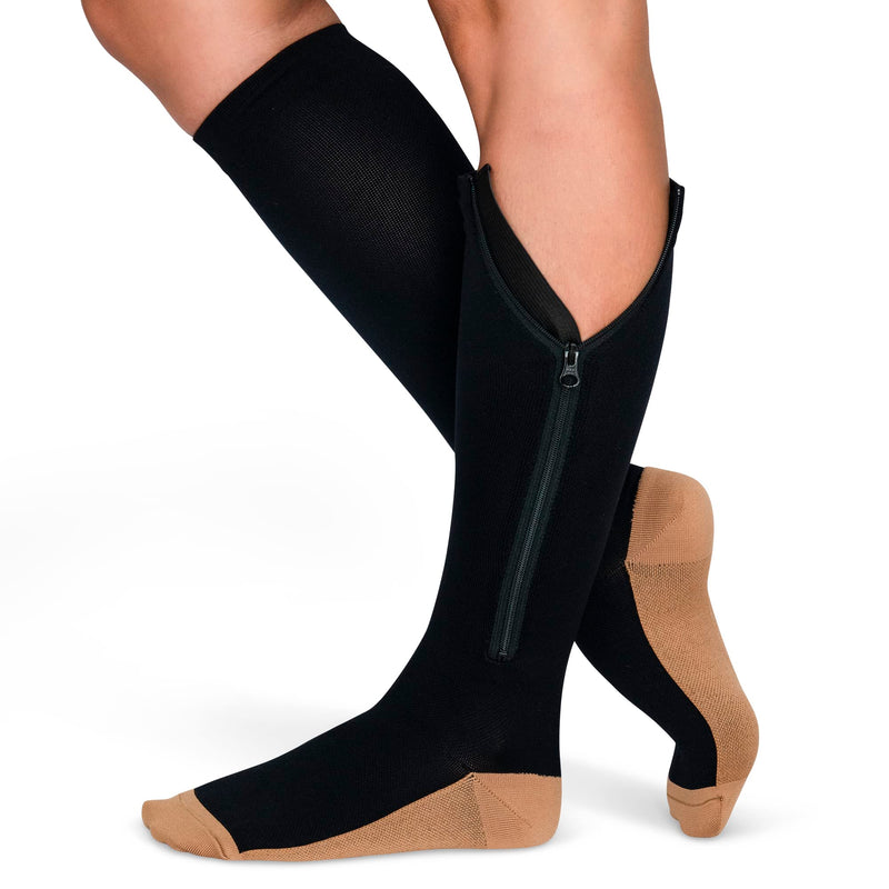 [Australia] - TheraMagic™ Zipper Compression Socks for Men & Women, 20-30mmHg Closed Toe Graduated Zippered Compression Stocking Large-X-Large Black/Copper 
