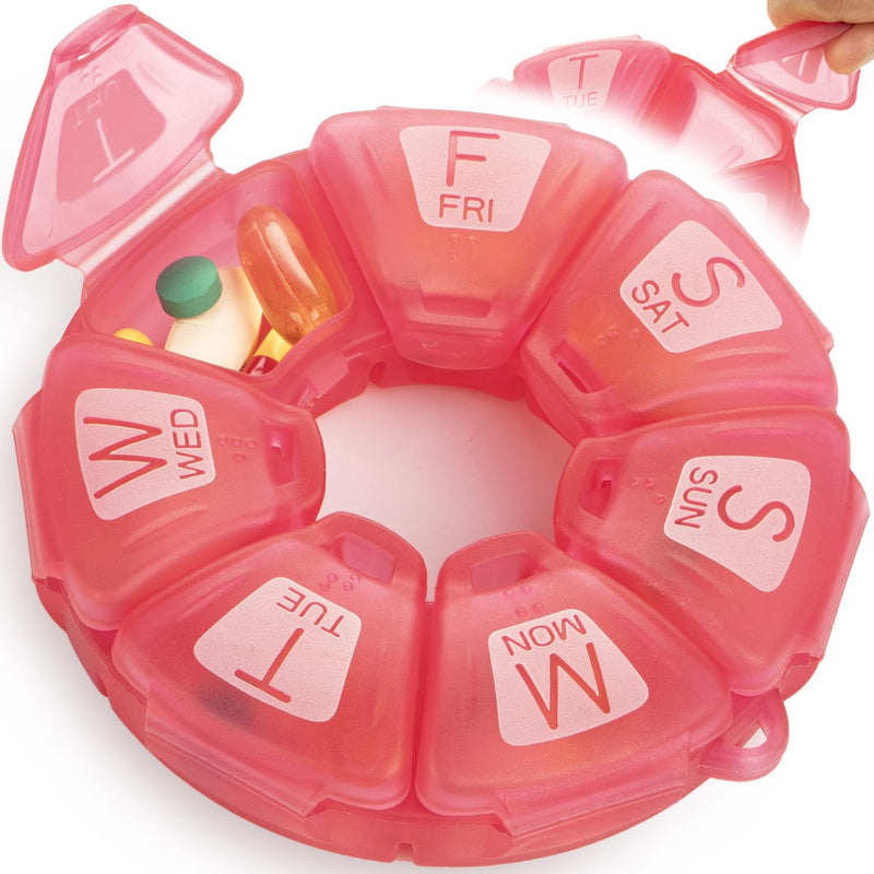 Yaklim Round Weekly Pill Organizer, TPU Rubberized, Travel Pill Container 7 Day, with 7 Large Compartments, Great for Daily Vitamins, Cute Pill Case with Large Letters and Braille (Rose) | with 7 Large Compartments, Pill Cases Organizers 7 Day with Lar...
