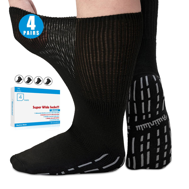 [Australia] - Extra Width Diabetic Socks Men Women-4 Pairs Wide Edema Sock for Swollen Feet,Non Slip Cast Bariatric Socks 13-15 Black 