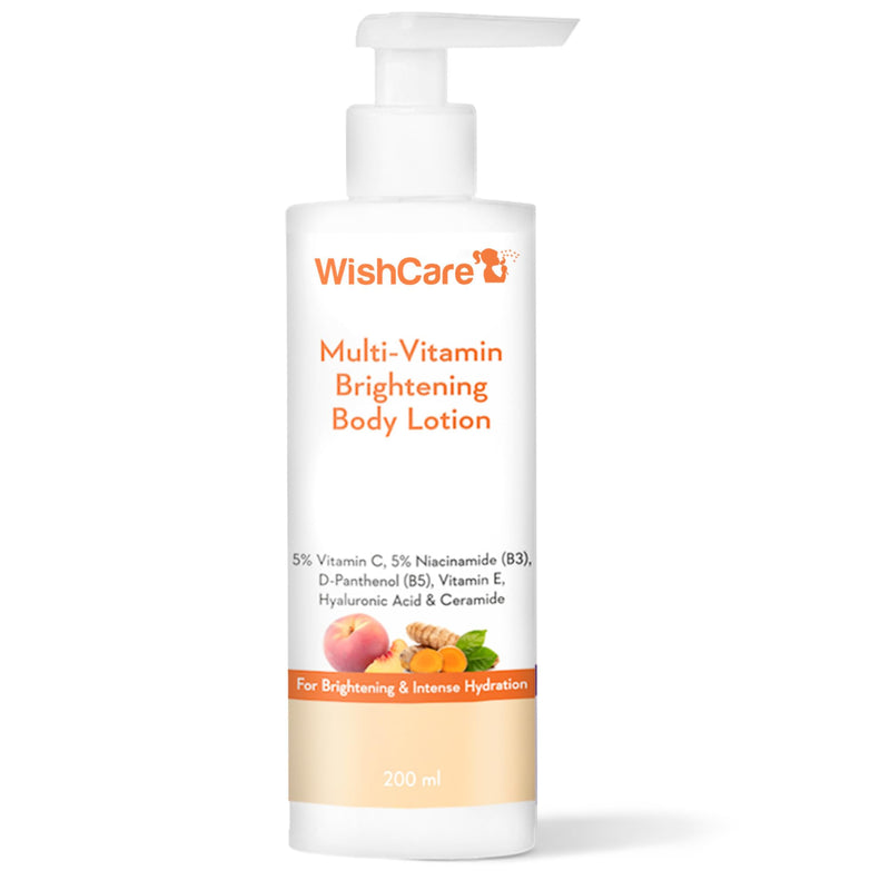 WishCare Multi-Vitamin Brightening Body Lotion for Men & Women, 200ml | 5% Vit C, Niacinamide, Panthenol & Vit E; Turmeric & Kakadu Plum; 5 non-comedogenic moisturizers; fragrance-free & vegan