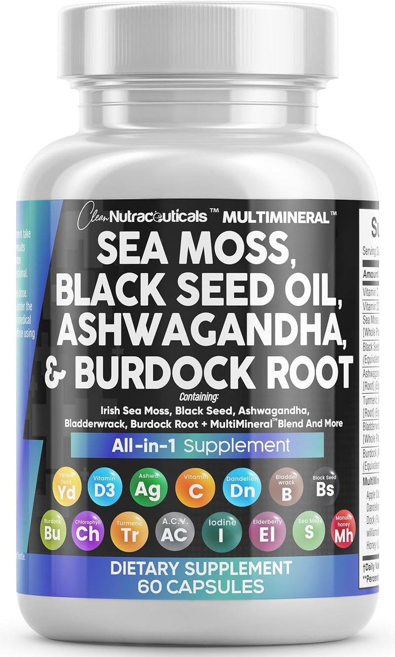 Clean Nutraceuticals Sea Moss Black Seed Oil Ashwagandha Turmeric Bladderwrack Burdock & Vitamin C Vitamin D3 with Elderberry Manuka Dandelion Yellow Dock Iodine Chlorophyll ACV 60 Count (Pack of 1)