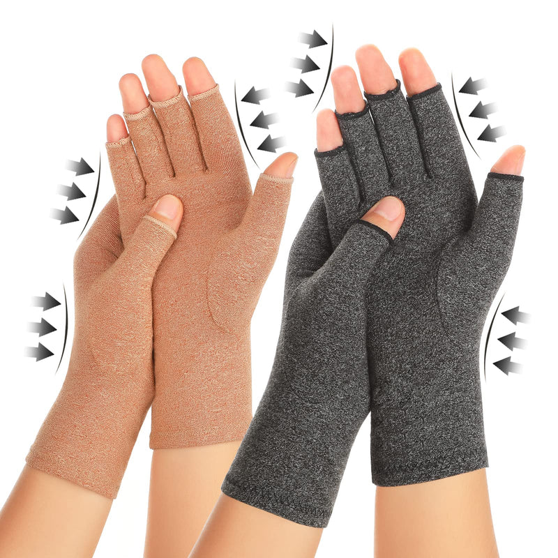[Australia] - 2 Pairs Arthritis Compression Gloves for Women Men, Carpal Tunnel Pain Relief, Fingerless Gloves for Typing and Daily Work Medium Brown1+grey1 