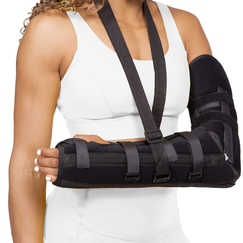 [Australia] - BraceAbility Posterior Long Arm Splint - Elbow Immobilizer Right or Left Forearm Brace with Support Sling for Fractures, Post-Surgery Recovery, Tendonitis, Bursitis, Ulnar Nerve Pain Relief (L) Large 