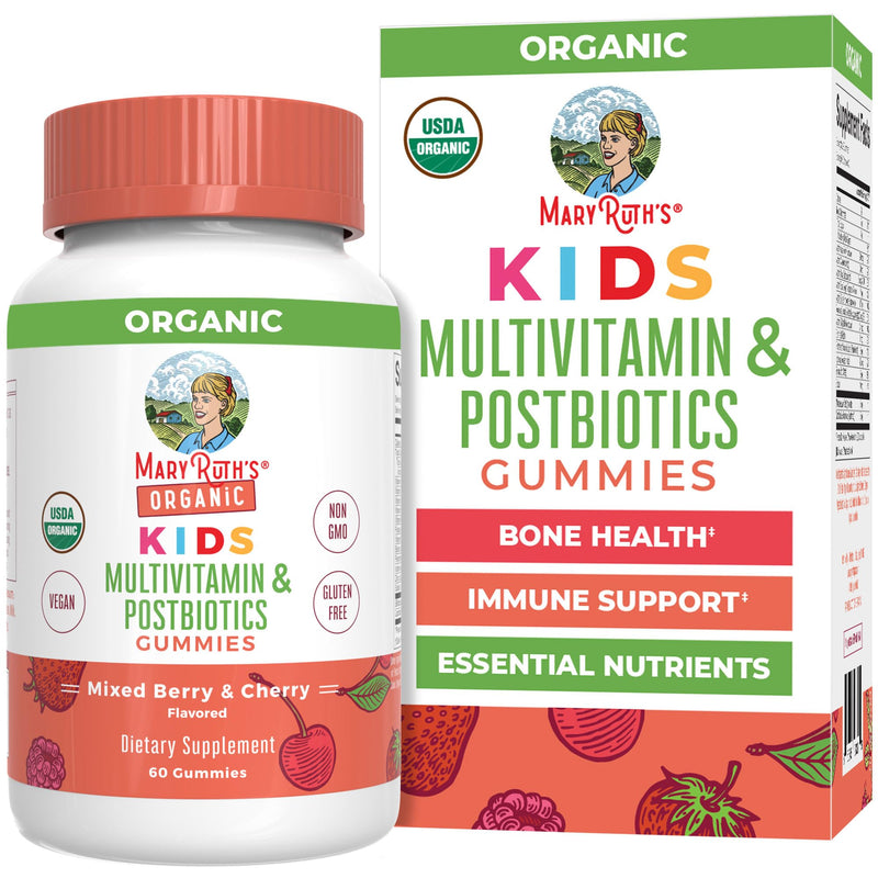 MARYRUTH'S USDA Organic Kids Multivitamin + Postbiotics Gummies, 60 Count | USDA Organic, Lactobacillus Rhamnosus, Vegan, Non-GMO, 60 Count