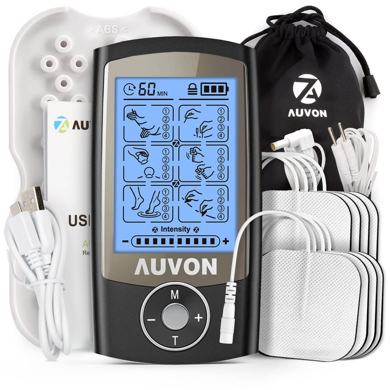 AUVON 24 Modes TENS Unit Muscle Stimulator for Pain Relief, Premium Pads | Rechargeable TENS Machine, Drug-Free Pain Relief for Shoulder, Lower Back, Muscle, Physical Therapy, 8pcs Electrode Pads Black