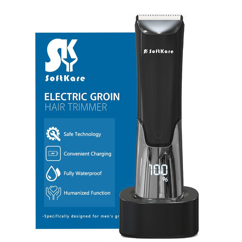 [Australia] - SoftKare Groin Hair Trimmer for Men - Safe Ball Shaver, Replaceable Ceramic Blade Heads & Charging Base, Electric Body Groomer with Light Power Display, Waterproof Wet / Dry Use Male Razor Black 