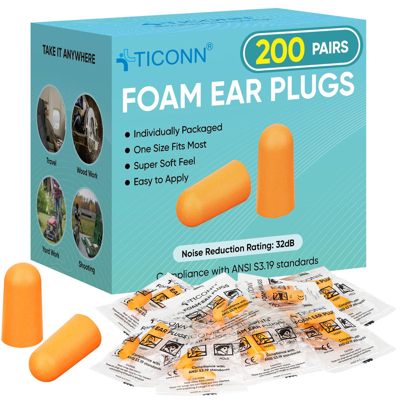[Australia] - TICONN 200 Pairs Ear Plugs, 32dB Noise Reduction Earplugs for Sleeping Hearing Protection Travel Study Concentration Construction Site (200 Pairs) 0.0 Diopters 0.25 Inches 0.50 Inches 200.0 