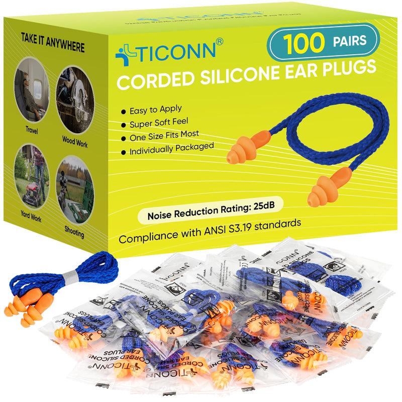 [Australia] - TICONN 100 Pairs Reusable Silicone Ear Plugs for Sleeping Noise Cancelling, 25dB NRR Corded Earplugs for Study Concentration Travel (100 Pairs) 