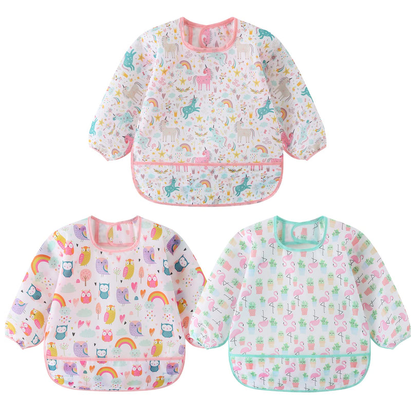 [Australia] - 3 Pcs Waterproof Long Sleeves Baby Bibs Weaning Smock Bib 3-24 Months Owl/Unicorn/Flamingo 