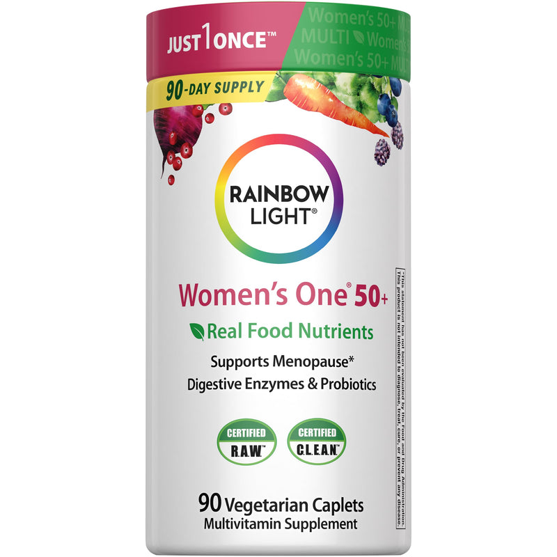 Rainbow Light Womens One + Multivitamin 50 Plus | 90 Caplets | Supports Menopause | Real Food Nutrients, Digestive Enzymes & Probiotics 90 Count (Pack of 1)