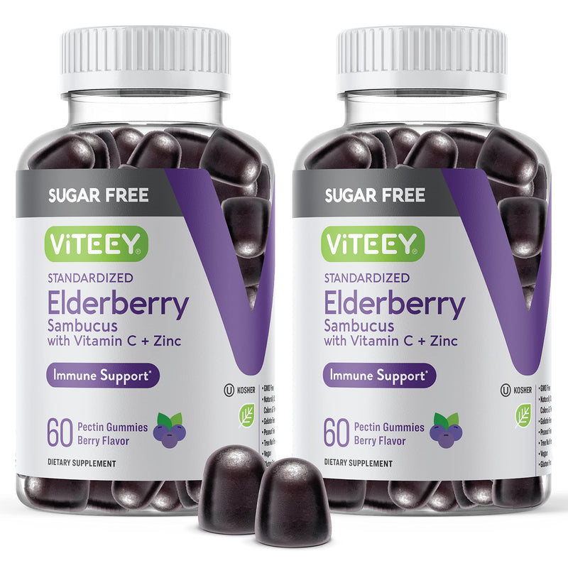 Viteey Sambucus Elderberry Gummies for Adults & Teens + Zinc & Vitamin C | Sugar Free - Immune Support & Booster Herbal Supplement - Vegan, Gluten Free, Gelatin Free, GMO Free, Chewable Berry Flavored 60 Count (Pack of 2)