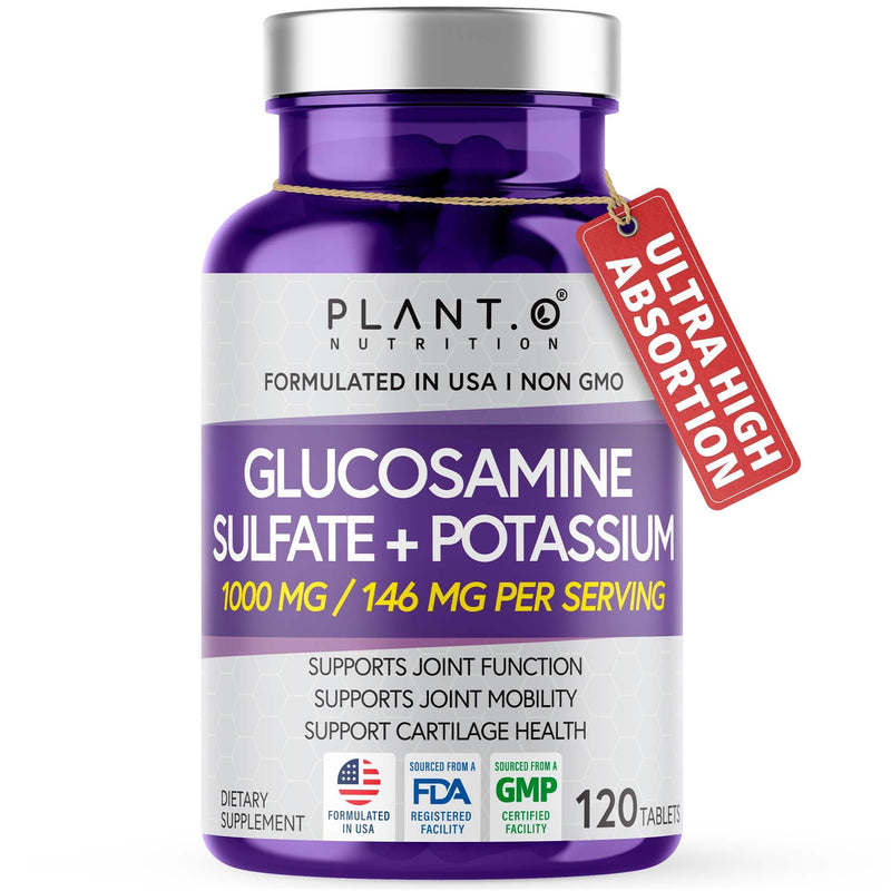 PLANT.O NUTRITION Glucosamine Sulfate with Potassium | Strong Joint Support Supplement | Supports Cartilage and Connective Tissues | Aids Knee and Bone Structure | 120 Tablets 120 Count (Pack of 1)