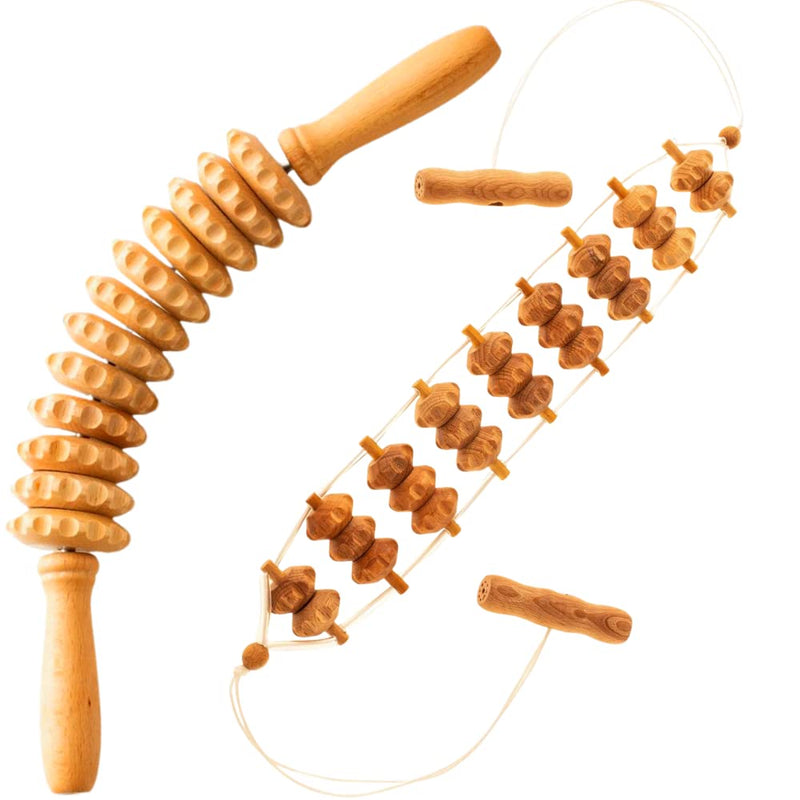 [Australia] - Mr.Woodware Wood Therapy Massage Tools - 2 Pcs Wooden Lymphatic Drainage Curved Roller Stick & Back Massager with Rope Massage Kit - Wood Massage Tools for Body Shaping, Sculpting, Maderoterapia Roller & Massager 