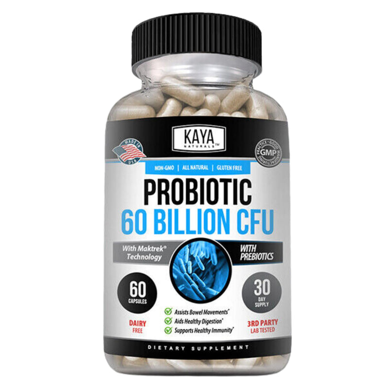 Kaya Naturals Probiotic 60 Billion CFU - Probiotics for Women, Probiotics for Men and Adults, Natural - Gut Health & Immune Support Supplement - Provides Digestive Support - 60 Vegetable Capsules 60 Count (Pack of 1)