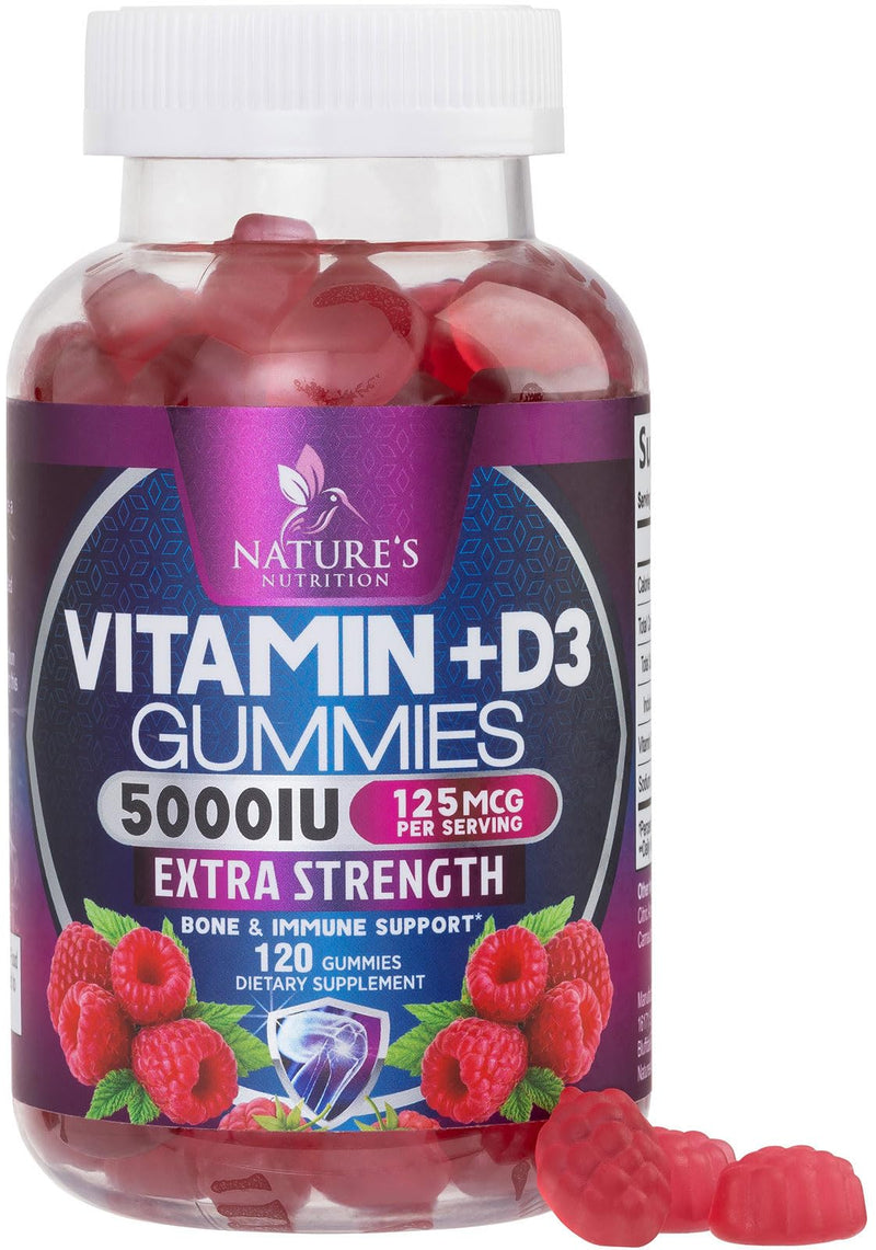 Vitamin D Supplement Gummy - Vitamin D3 125 mcg 5000 IU Per Serving - Bone, Teeth, Muscle and Immune Health Support for Men & Women, Premium VIT D3 Nature's & Gluten Free - 120 Gummies 120 Count (Pack of 1)