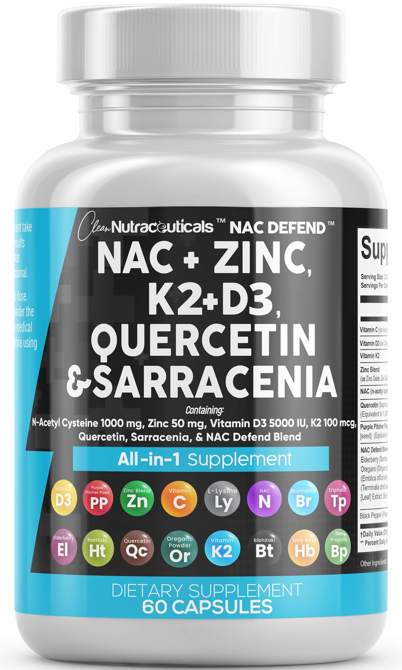 [Australia] - Clean Nutraceuticals NAC Supplement N-Acetyl Cysteine 1000mg Vitamin D3 K2 Zinc Quercetin 1000mg Sarracenia Purpurea 1000mg with Elderberry Holy Basil Bee Propolis Bromelain L-Lysine - 60 Count 