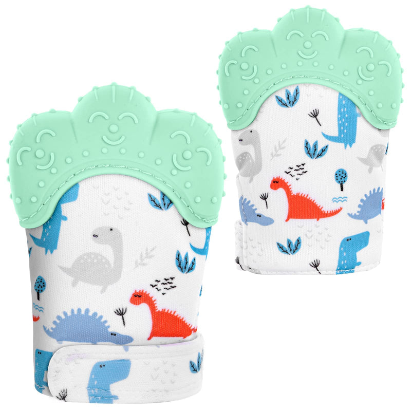 [Australia] - 2Pack Silicone Teething Mitt, Soothing Infant Teething Mitten Pain Relief, Prevent Scratches Glove, Safe Silicone Teething Toys for 0-12 Months green dinosaur 