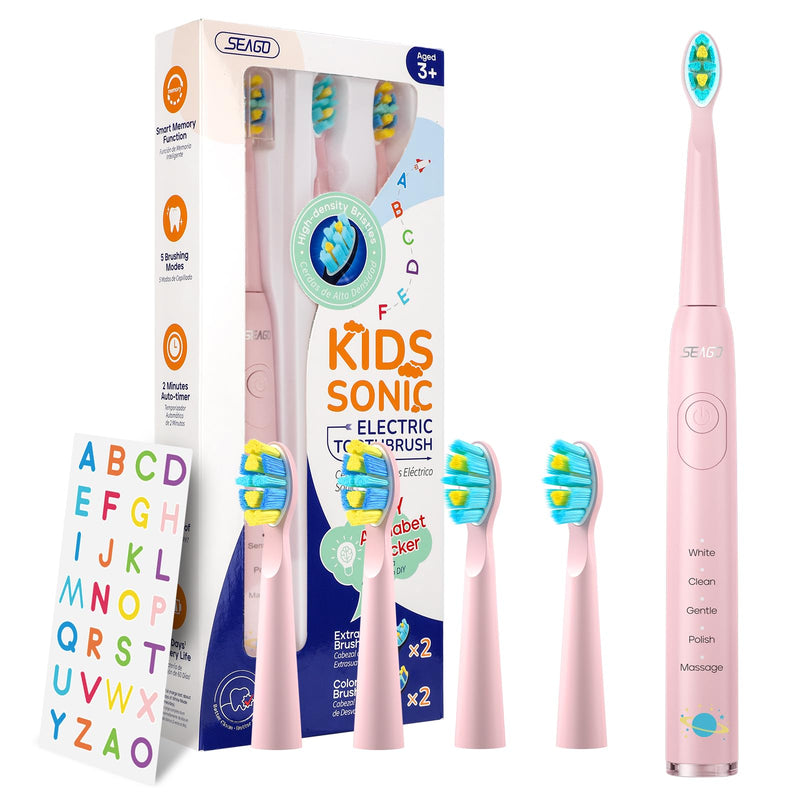 [Australia] - SEAGO Kids Electric Toothbrush, Sonic Soft Bristle Rechargeable Toothbrushes with DIY Stickers, 5 Modes, includes 4 Replacement Brush Heads, Ages 3 to 12 Years Old (Pink) Pink 