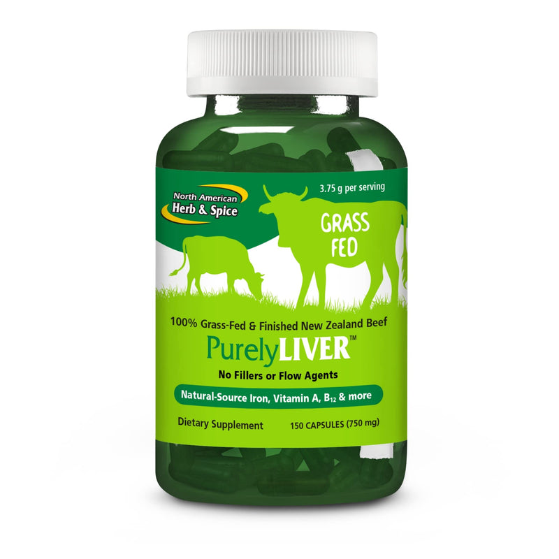NORTH AMERICAN HERB & SPICE PurelyLiver - 150 Capsules - 100% Grass-Fed, Finished New Zealand Beef with Vitamin A, B12 & Iron - 30 Servings 150 Count (Pack of 1)