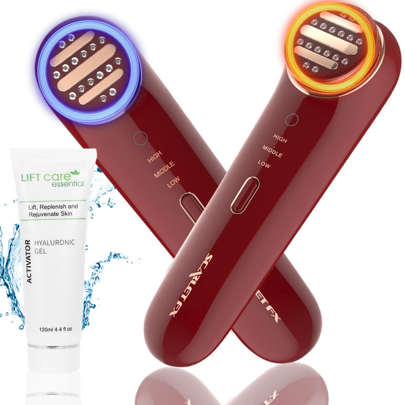 RADI0 Frequency Skin Tightening Red & Blue LED Light Therapy for Face 3-in-1 Anti-Aging Facial Heating Rejuvenation Massager Uncludes Hyaluronic Toner Gel Scarlet Handheld