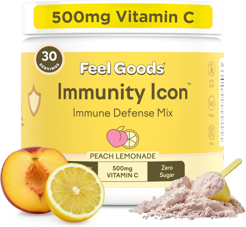 Feel Goods Immunity Icon, Vitamin C Immune Support Powder, 30 Servings | Immunity Plus, 500mg Vitamin C, Elderberry, Ginger, Turmeric, Vitamins for Immune Health, Sugar-Free, Caffeine-Free Drink Mix 30 Servings (Pack of 1) Peach Lemonade