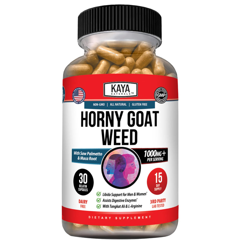 Kaya Naturals Horny Goat Weed Extract, 30 Count | Maca, Extra Strength Complex, Saw Palmetto Ginseng, Arginine Vitamin Supplement 30 Count (Pack of 1)